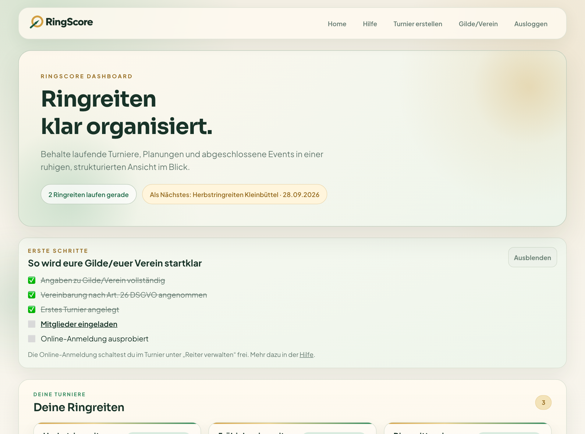 Startseite nach der Anmeldung: eigene Turniere, laufende Turniere und Archiv.