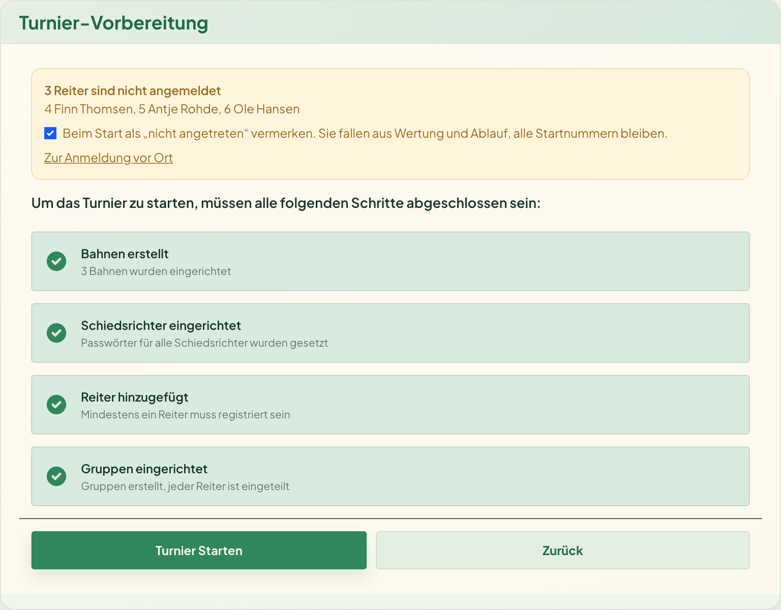 Wer noch fehlt, darunter die Checkliste. Sind alle Haken grün, ist der Startknopf frei.
