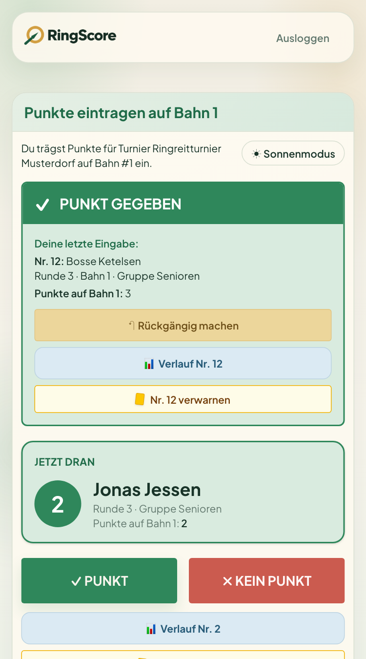 Die Bahn-Ansicht auf dem Handy: letzte Eingabe, nächster Reiter, zwei Knöpfe.