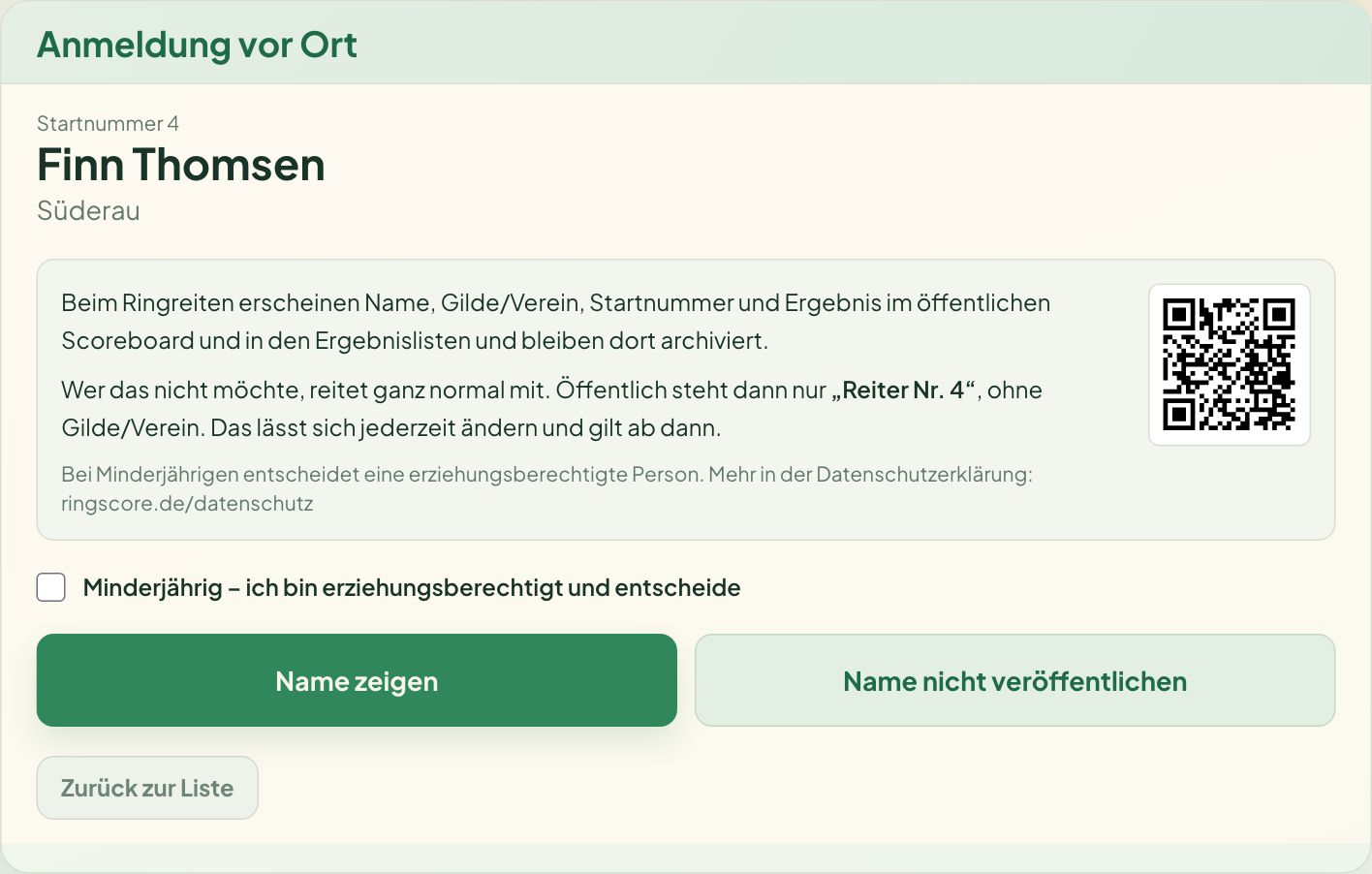 Der Hinweis, den der Reiter sieht — mit QR-Code zur Datenschutzerklärung.